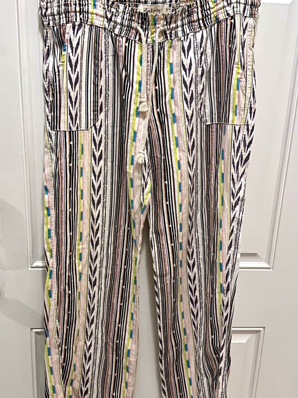 Kiss Fery Linen Blend Wide-Leg Trousers – Multi Stripe Aztec Print – Size XL